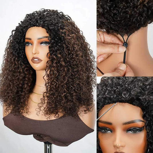 QVR Media peluca retorcida rizada sin pegamento de color marrón oscuro con raíces negras, densidad del 250%, peluca de cabello humano #T1B/4, lista para usar, tipo Flip Over