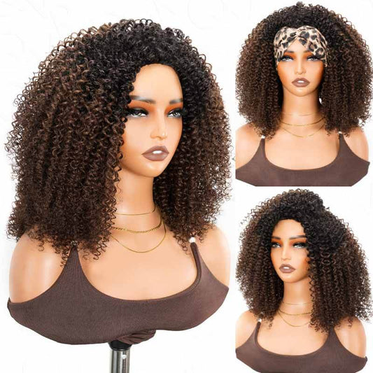 QVR Peluca de media cabeza rizada kinky marrón oscuro sin pegamento con raíces negras, densidad del 250%, cabello humano #T1B/4, peluca para llevar y voltear