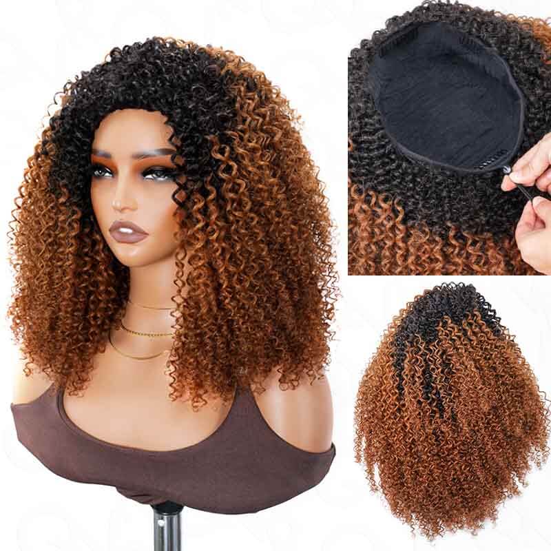 QVR Glueless Ombre Brown Blonde Kinky Curly Half Wig with Black Roots 250% Density Human Hair Wig #T1B/30/27 Wear Go Flip Over Wig