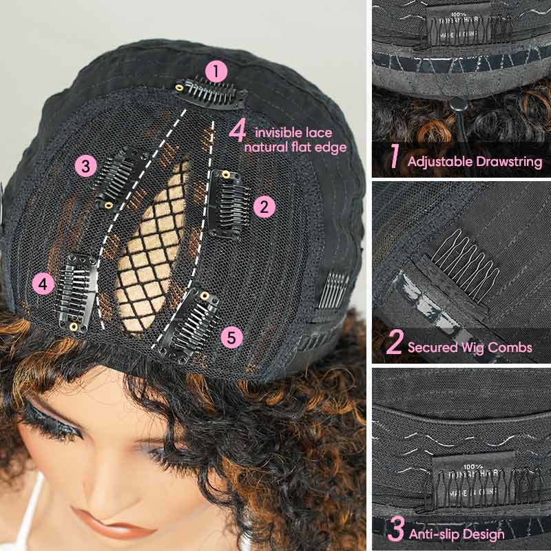 Flash Sale|QVR Black Natural Curly V Part Wig Highlight Human Hair Short Bob Wig