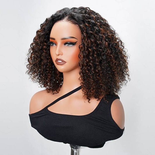 Peluca QVR Glueless marrón con reflejos, corte bob corto, onda profunda, cierre de encaje precortado 5x5, pelucas de cabello humano
