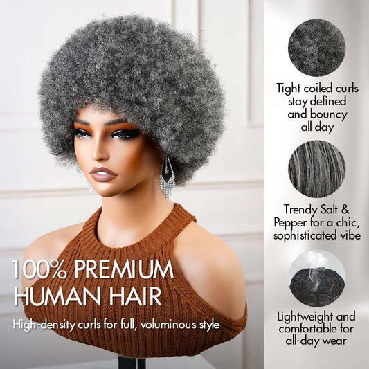 QVR Natural Afro Curly Wigs Salt&Pepper Pixie Cut Short Curly Human Hair Wigs