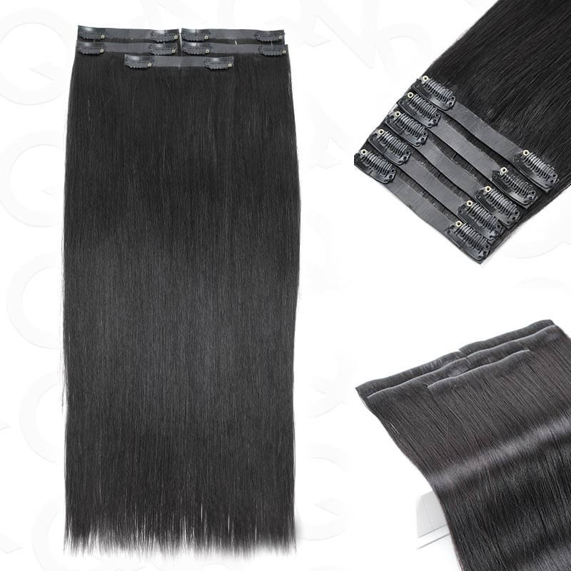 QVR Ombre Brown PU Clip In Hair Extensions Straight Seamless Clip In Human Hair