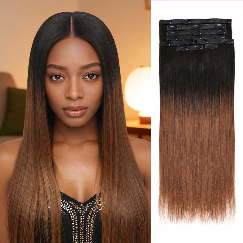 QVR Ombre Brown PU Clip In Hair Extensions Straight Seamless Clip In Human Hair