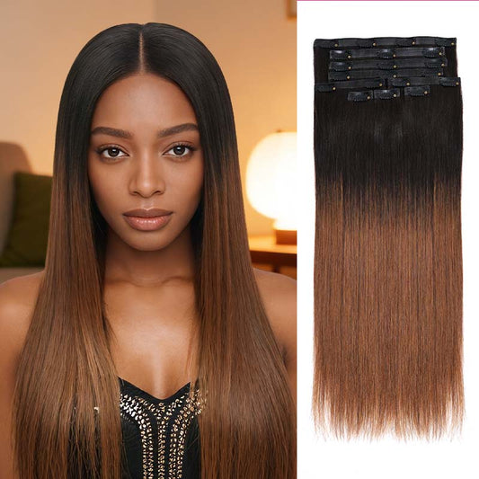 QVR Ombre Brown PU Clip In Hair Extensions Straight Seamless Clip In Human Hair