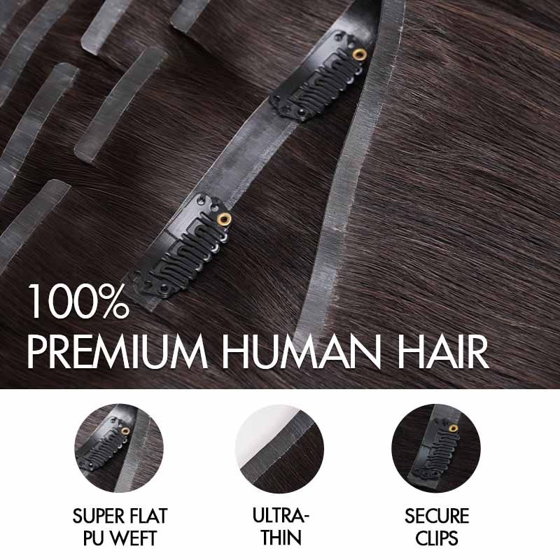 QVR Ombre Brown PU Clip In Hair Extensions Straight Seamless Clip In Human Hair