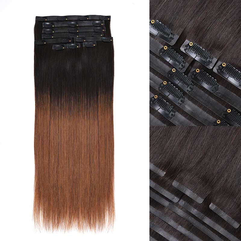 QVR Ombre Brown PU Clip In Hair Extensions Straight Seamless Clip In Human Hair