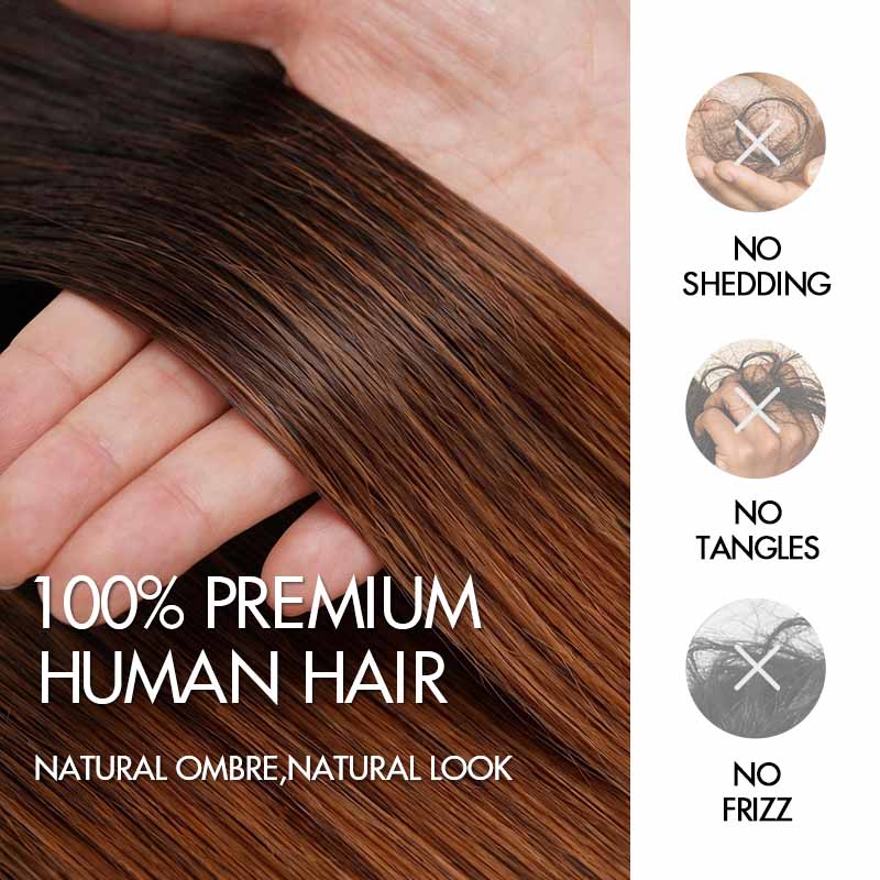 QVR Ombre Brown PU Clip In Hair Extensions Straight Seamless Clip In Human Hair