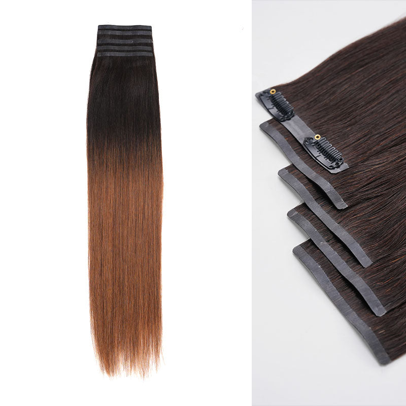 QVR Ombre Brown PU Clip In Hair Extensions Straight Seamless Clip In Human Hair