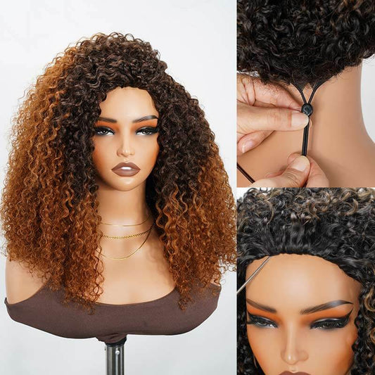 Peluca QVR sin pegamento ombre marrón rizado retorcido media peluca 250% densidad cabello humano #T2/30 de usar y listo