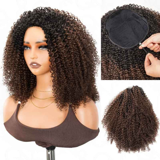 QVR Peluca de media cabeza rizada kinky marrón oscuro sin pegamento con raíces negras, densidad del 250%, cabello humano #T1B/4, peluca para llevar y voltear