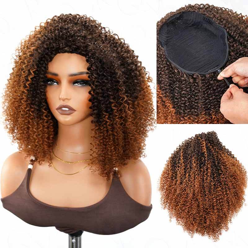 QVR Glueless Dark Brown Kinky Curly Half Wig with Black Roots 250% Density Human Hair Wig #T1B/4 Wear Go Flip Over Wig