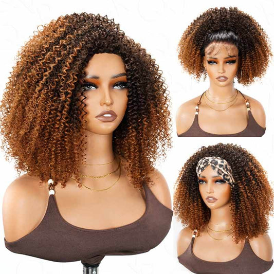 QVR Peluca Media Glueless Ombre Marrón Rizada Kinky para Mujer 250% Densidad Pelo Humano #T2/30 Uso Diario Voltear