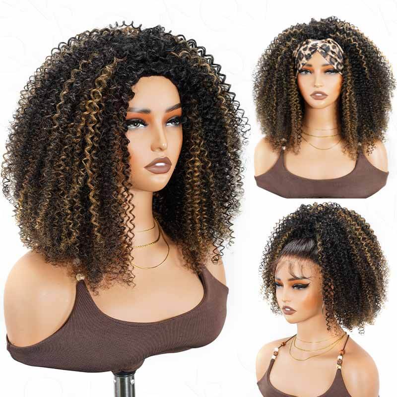 QVR Glueless Ombre Brown Kinky Curly Half Wig 250% Density Human Hair Wig #T2/30 Wear Go Flip Over Wig