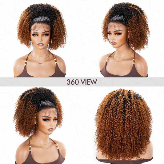 QVR Peluca Media Ondulada Rizada Kinky Ombre Marrón Sin Pegamento con Raíces Negras 250% Densidad Peluca de Cabello Humano #T1B/30 Peluca de Usar y Voltear