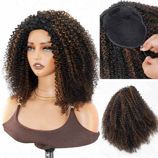 QVR Peluca de media melena rizada Kinky sin pegamento con reflejos marrones, 250% de densidad, cabello humano, #1B/30, para llevar y voltear