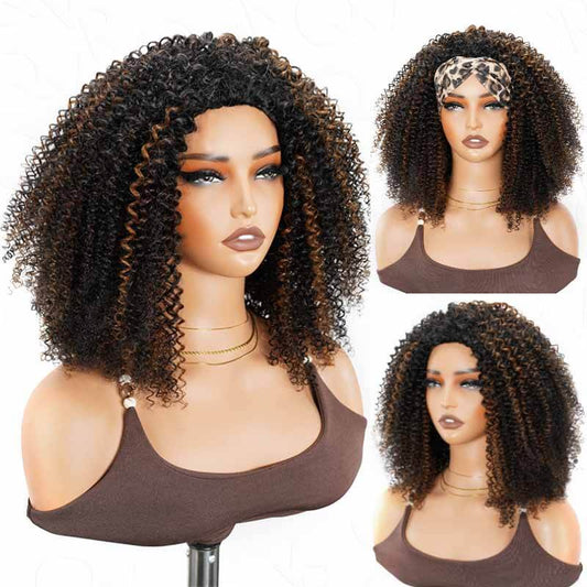 QVR Peluca de media melena rizada Kinky sin pegamento con reflejos marrones, 250% de densidad, cabello humano, #1B/30, para llevar y voltear