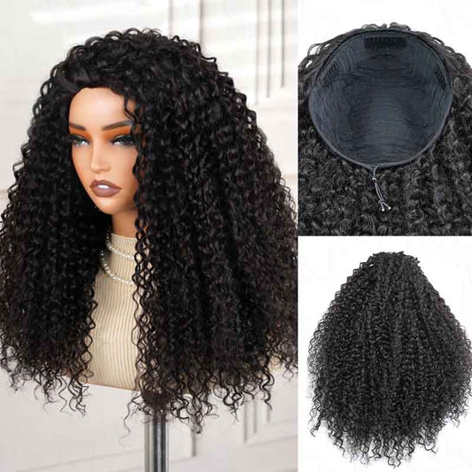 QVR Peluca de media melena de onda de agua sin pegamento, 250 % de densidad, peluca de cabello humano, negro natural, para usar y voltear