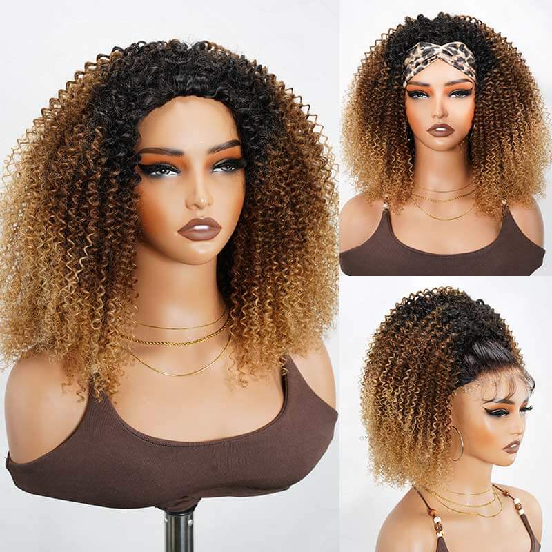 QVR Glueless Ombre Brown Kinky Curly Half Wig 250% Density Human Hair Wig #T2/30 Wear Go Flip Over Wig