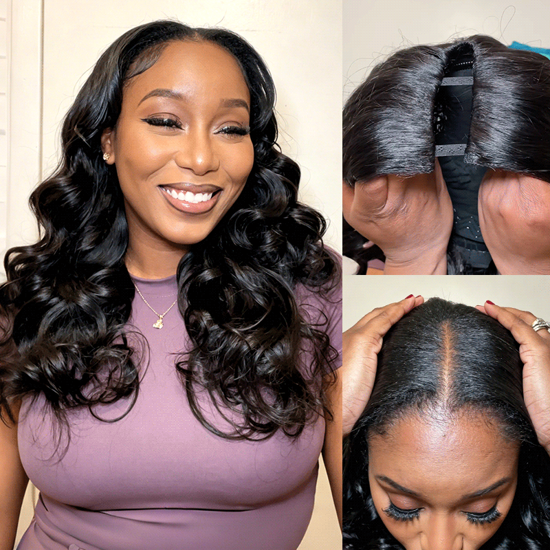 Pelucas de cabello humano en forma de U, QVR sin pegamento, pre-rizadas, con nuevas ondas corporales