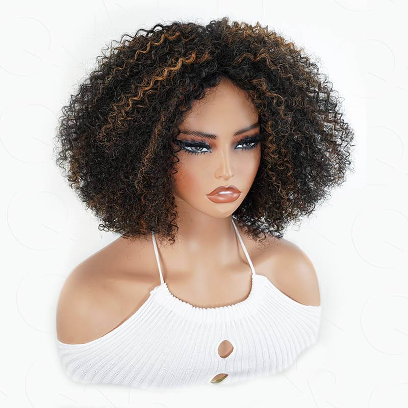 Flash Sale|QVR Black Natural Curly V Part Wig Highlight Human Hair Short Bob Wig