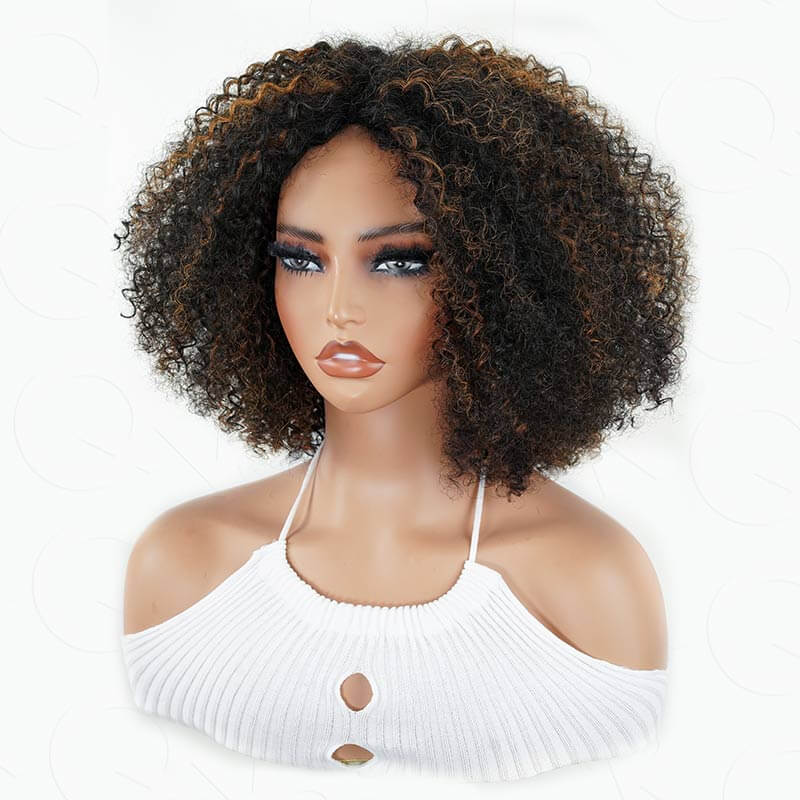 Flash Sale|QVR Black Natural Curly V Part Wig Highlight Human Hair Short Bob Wig