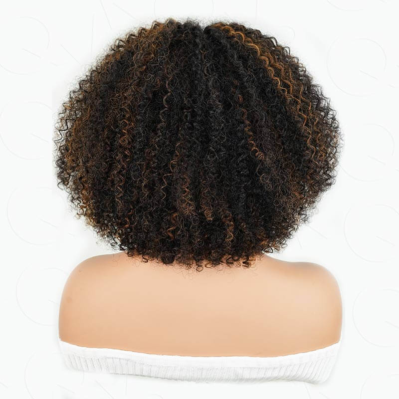 Flash Sale|QVR Black Natural Curly V Part Wig Highlight Human Hair Short Bob Wig