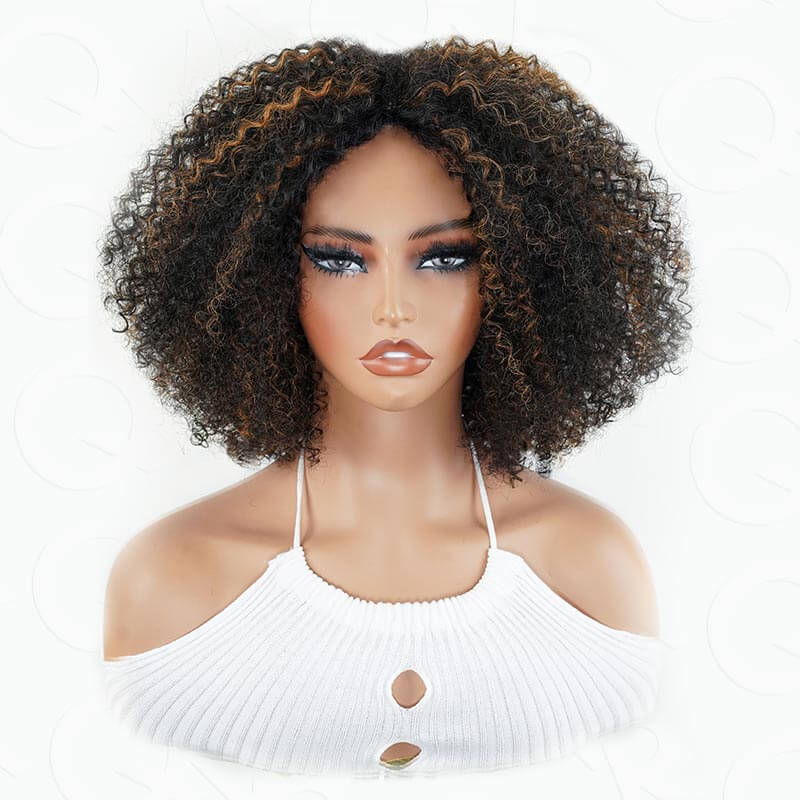 Flash Sale|QVR Black Natural Curly V Part Wig Highlight Human Hair Short Bob Wig