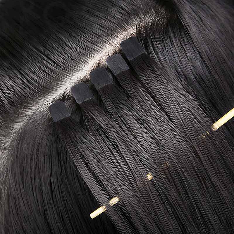 QVR Invisible Straight Tape In Hair Extensions Natural Black Premium Human Hair