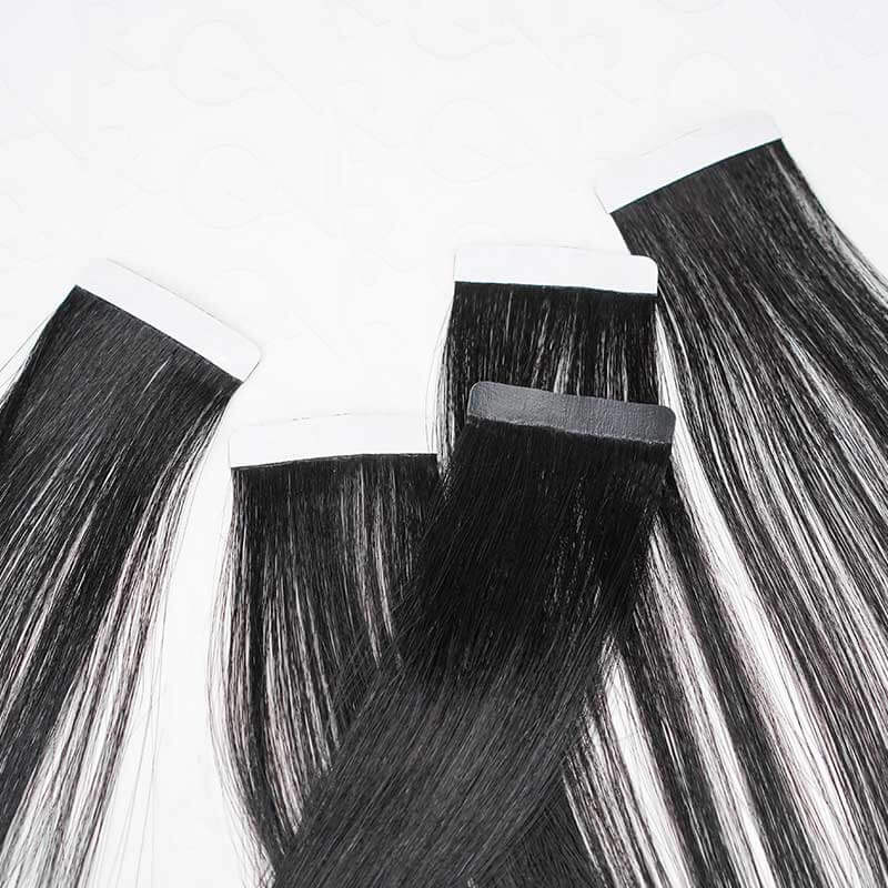 QVR Invisible Straight Tape In Hair Extensions Natural Black Premium Human Hair