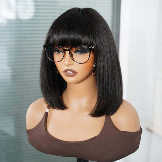 QVR Peluca Bob Corto Liso sin Pegamento con Flequillo Negro Natural Minimalista Peluca de Pelo Humano con Encaje