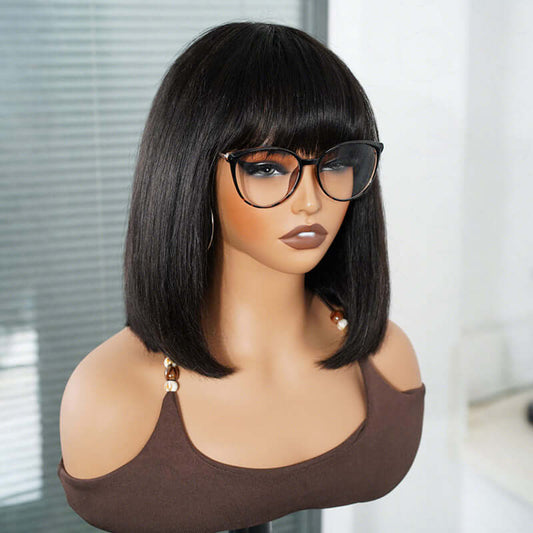 QVR Peluca Bob Corto Liso sin Pegamento con Flequillo Negro Natural Minimalista Peluca de Pelo Humano con Encaje