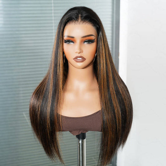 QVR Cabello Natural Castaño Reflejos Liso Sedoso Sin Pegamento Peluca Frontal de Encaje Pre-cortado 13x4 Cabello Humano