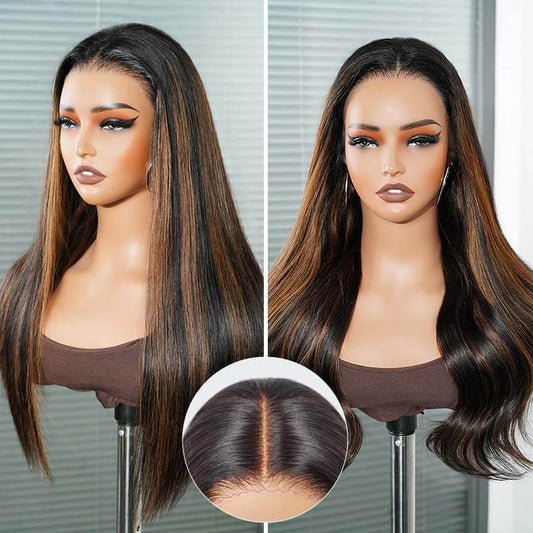 QVR Cabello Natural Castaño Reflejos Liso Sedoso Sin Pegamento Peluca Frontal de Encaje Pre-cortado 13x4 Cabello Humano