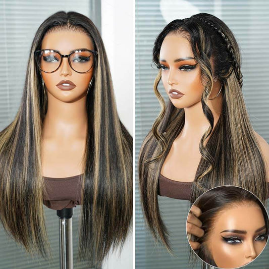 QVR Rubia sin Pegamento con Reflejos Sedosa Lacia Peluca Frontal de Encaje Pre-Cortado 13x4 Pelucas de Cabello Humano