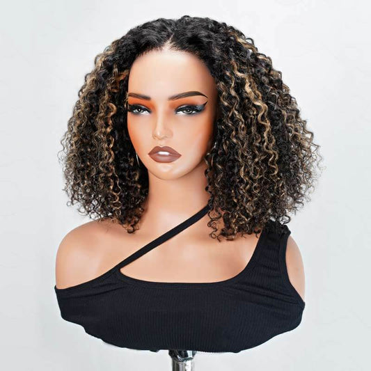 QVR Peluca Bob Corto Rubio Glueless con Reflejos y Ondas de Agua 5x5 Pre-cortada con Cierre de Encaje de Cabello Humano