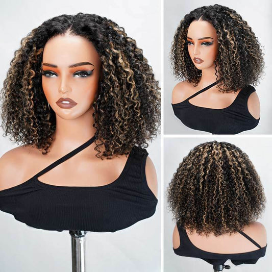 QVR Peluca Bob Corto Rubio Glueless con Reflejos y Ondas de Agua 5x5 Pre-cortada con Cierre de Encaje de Cabello Humano