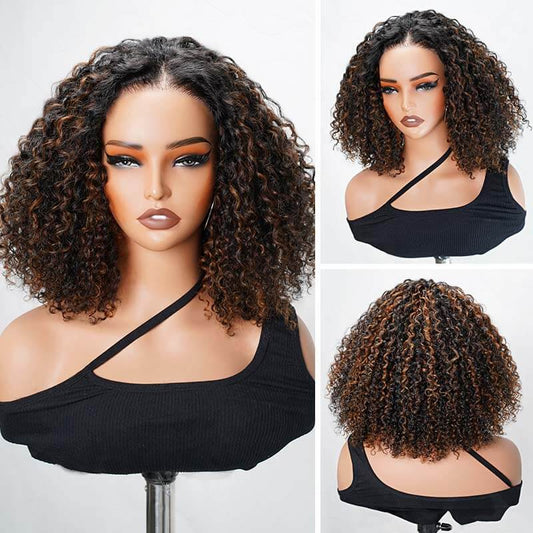 Peluca QVR Glueless marrón con reflejos, corte bob corto, onda profunda, cierre de encaje precortado 5x5, pelucas de cabello humano