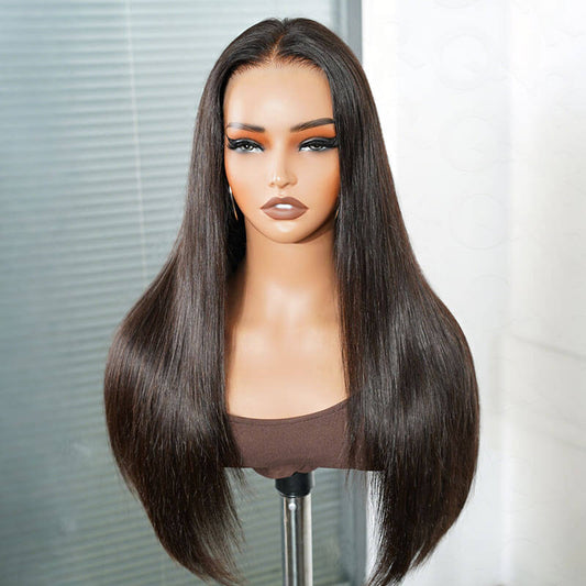Peluca frontal QVR Glueless Silky Straight 13x4 de encaje precortado, 180% de densidad, color negro natural, de cabello humano