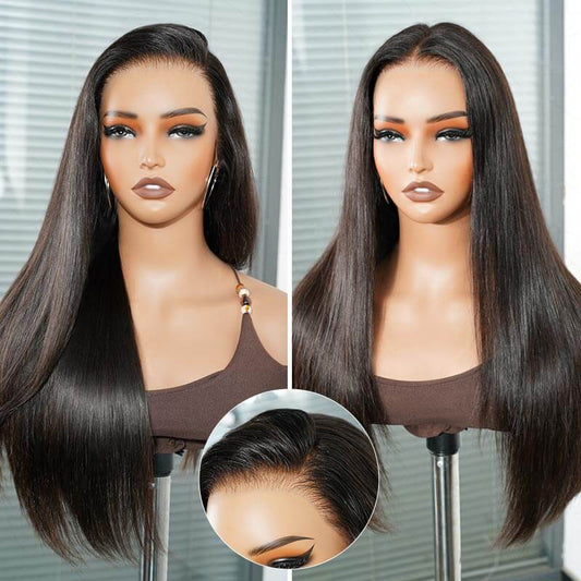 Peluca frontal QVR Glueless Silky Straight 13x4 de encaje precortado, 180% de densidad, color negro natural, de cabello humano