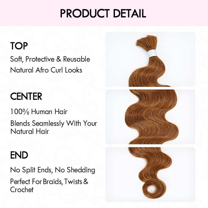 B3G1|QVR Auburn Brown Body Wave Bulk Human Hair Extensions for Boho Knotless Braiding