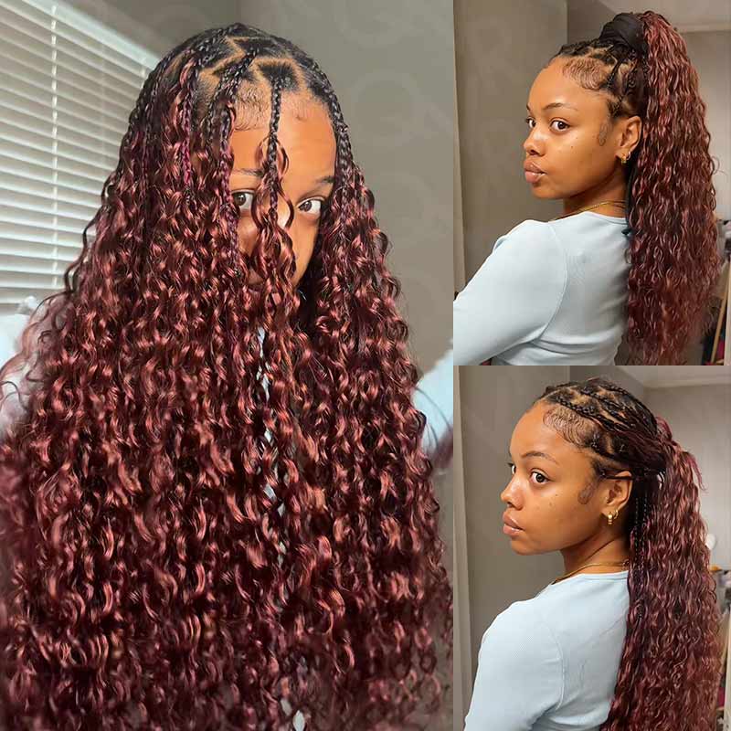QVR Reddish Brown Human Crochet Hair Water Wave Machine Made #33B Feather Crochet Hairstyle