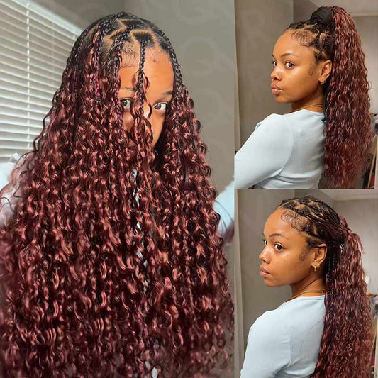 QVR Reddish Brown Human Crochet Hair Water Wave Machine Made #33B Feather Crochet Hairstyle