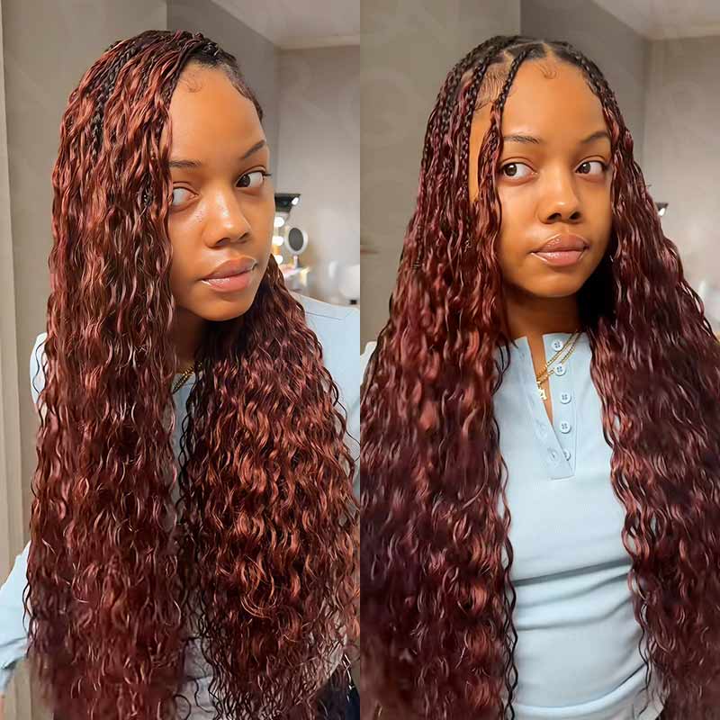 QVR Reddish Brown Human Crochet Hair Water Wave Machine Made #33B Feather Crochet Hairstyle