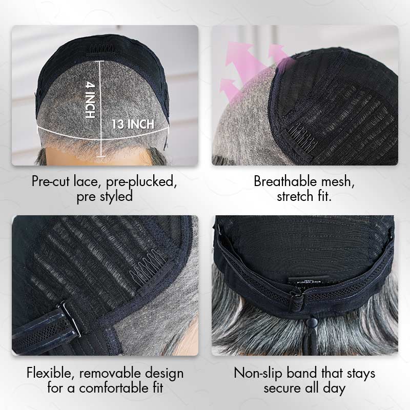 QVR Ocean Weave Salt & Pepper Short Pixie Cut Wigs Glueless 13X4 Pre-cut Lace Human Hair Wigs