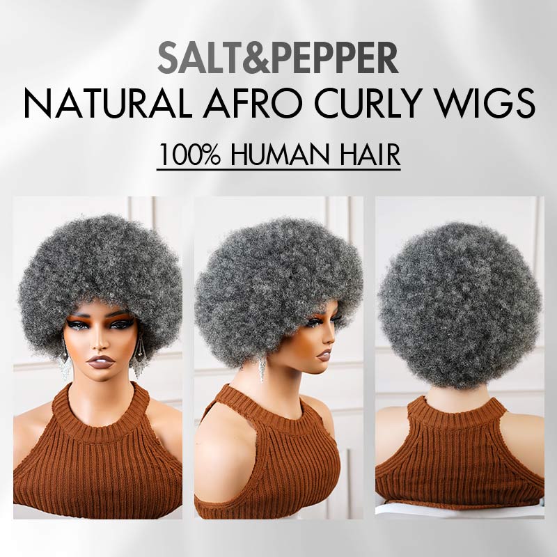 QVR Natural Afro Curly Wigs Salt&Pepper Pixie Cut Short Curly Human Hair Wigs