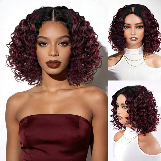 Peluca QVR Glueless grande y rizada en V, de cabello humano, corta tipo Bob, ombré #T1B/99J