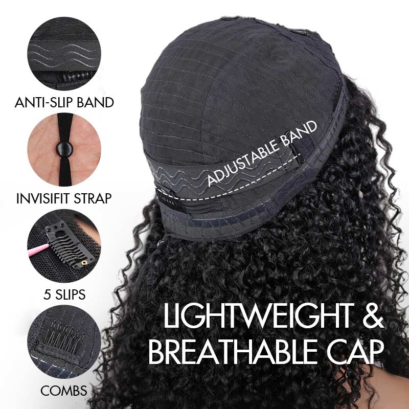 QVR Brown Highlight V Part Wigs Burmese Curly Invisible Lace Edge Human Hair Wig