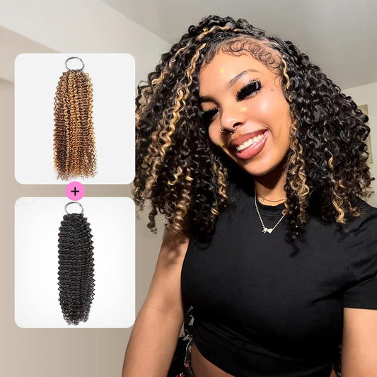 QVR Rubio Destellos Rizado Pequeño Rizado Kinky Pluma Crochet Extensiones de Cabello Humano Sin Costura Hechas a Máquina