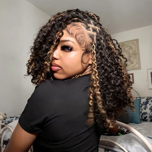QVR Rubio Destellos Rizado Pequeño Rizado Kinky Pluma Crochet Extensiones de Cabello Humano Sin Costura Hechas a Máquina